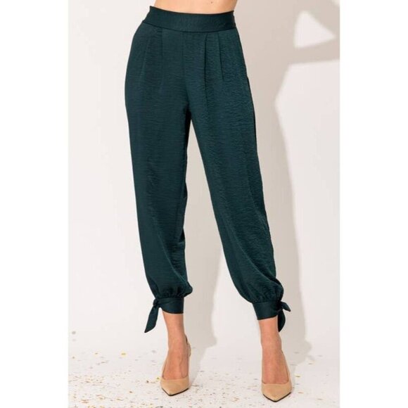 Green Bottom Tie Satin Pants - Picture 1 of 8